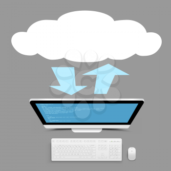 Computer info exchange through cloud service on gray background. PC clouds wireless network communication