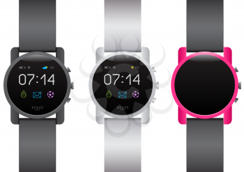 Circle smart watch set on white background. Different black white color smartwatches collection. Easy to edit