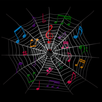 Music notes and spider web on dark background. Multicolor melody sign symbols in darkness