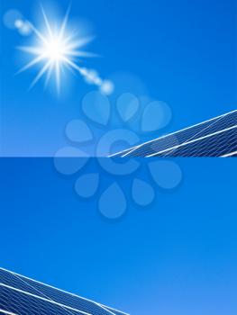 Solar panels background layout with sun and blue sky. Sunlight clean energy power. Renewable green cheap electricity