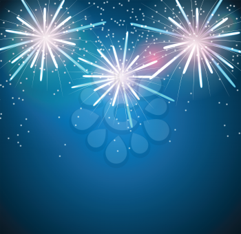 Glossy Fireworks on Blue Background Vector Illustration. EPS10