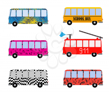 Set of Painted Cartoon Buses for Vacation, School, Fire truck and Musical. Vector Illustration. EPS10