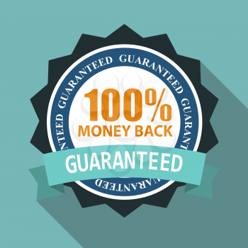 100% Money Back Quality Label Sign in Flat Modern Design with Long Shadow. Vector Illustration EPS10