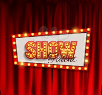 Realistic Show announcement board with bulb frame on curtains background. Vector Illustration EPS10