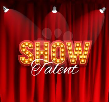 Realistic Show announcement board with bulb frame on curtains background. Vector Illustration EPS10