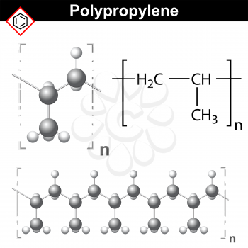 Structural chemical formula and model of polypropylene molecule, 3d and 2d vector, isolated on white background, eps 8