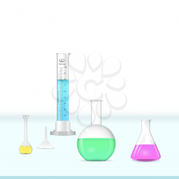 Chemical lab glassware kit on working table, laboratory equipment, 3d illustration, vector, eps 10