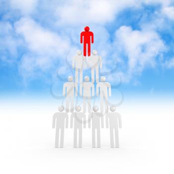 Pyramid of white abstract 3d people with one red leader on top with blue sky on a background