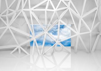 Abstract white room interior with sky in the window and chaotic 3d mesh construction