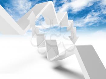 Two broken trend lines with arrows are going up and down, 3d illustration with cloudy sky photo background