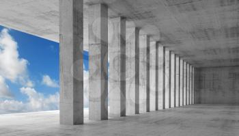 Abstract architecture, empty interior with concrete columns, 3d illustration with perspective effect and blue sky background