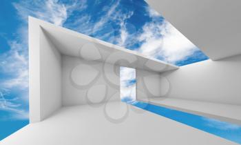 Abstract architecture, empty white futuristic interior and blue sky on a background, 3d illustration