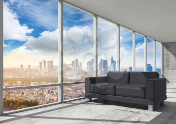 Abstract interior, office room with concrete floor, window and black leather sofa, 3d illustration with big cityscape skyline on a background