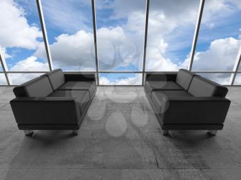 Abstract interior, office room. Concrete floor, window with cloudy sky and two black leather sofas. 3 d illustration