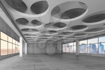 Empty modern interior background with round holes pattern in ceiling, 3d illustration with blurred photo cityscape outside
