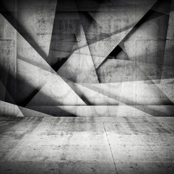 Abstract dark interior background, chaotic polygonal relief pattern on wall and concrete floor. 3d illustration