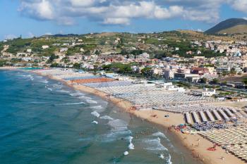 Landscape of Mediterranean sea coast. Public beach of Gaeta town, Italy