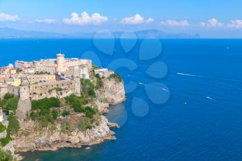Aragonese-Angevine Castle stands on rocky cliff in old town of Gaeta, Italy