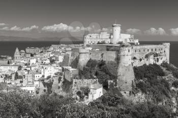 Aragonese-Angevine Castle in old town of Gaeta, Italy. Monochrome photo