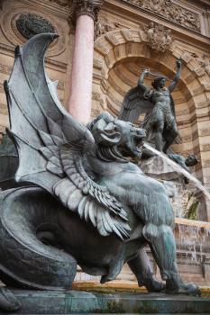 Winged lion. Fontaine Saint-Michel in Paris, France. Popular historical landmark