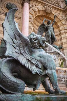 Winged lion statue, Fontaine Saint-Michel, Paris, France. Popular architectural historical landmark