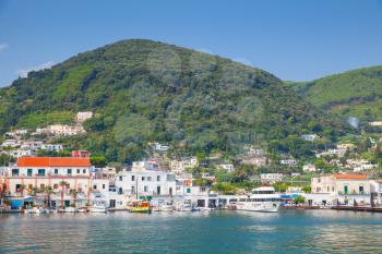 Coastal summer landscape, port of Ischia island. Mediterranean sea, Bay of Naples, Italy