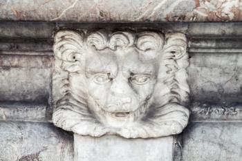 Lion head sculpture, decorative detail of fountain in Italy, Roma. Piazza della Rotonda. Fontana del Pantheon