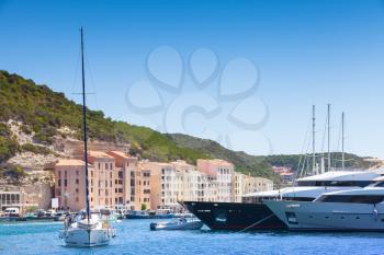 Moored yachts, port of Bonifacio, Corsica island in sunny summer day, Corse-du-Sud, France
