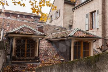 Old town of Geneva, Switzerland. Living houses roofs with attics