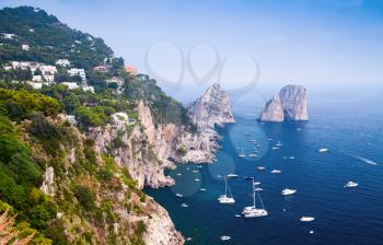 Capri island, Italy. Mediterranean Sea Coastal landscape with yachts and pleasure boats