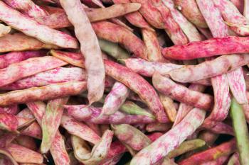 Red string beans lay on the counter of street food market on Madeira island, Portugal. Close-up photo with selective focus