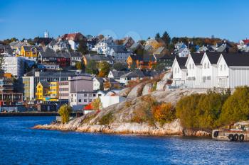 Kristiansund cityscape, coastal Norwegian town with colorful wooden houses on rocks