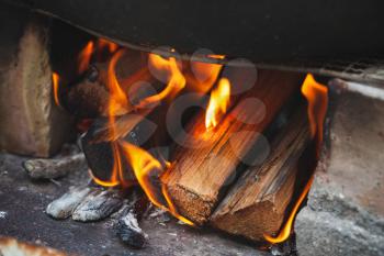 Close up photo of outdoor bonfire, flame over firewood