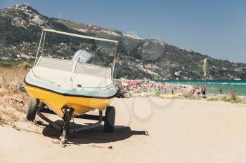 Yellow boat on the beach, Zakynthos island, Greece