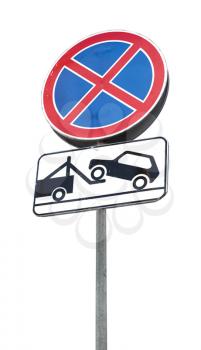 Standing is prohibited, evacuation on tow truck. Road sign isolated on white background