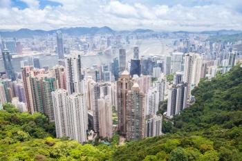 Modern skyline of Hong Kong city, aerial view taken from Victoria Peak viewpoint in sunny summer day