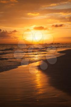 Orange sunrise over Atlantic Ocean coast. Bavaro beach, Hispaniola Island. Dominican Republic, vertical coastal landscape
