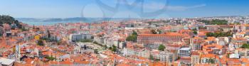 Extra wide panoramic cityscape of Lisbon in sunny summer day, Portugal