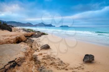 Sandstone rocks on the beach of Porto Santo island, Madeira archipelago, Portugal