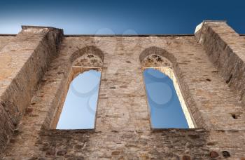 Walls with Gothic windows of ancient ruined St. Brigitta convent. Pirita region, Tallinn, Estonia