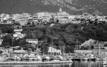 Corsica island, France. Black and white coastal landscape photo of Porto-Vecchio town