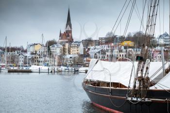 Sailing ship moored in old port of Flensburg, Germany