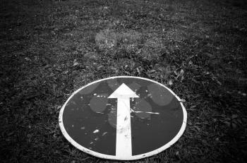 Ahead only, dark round road sign with white arrow lays on grass. Black and white photo