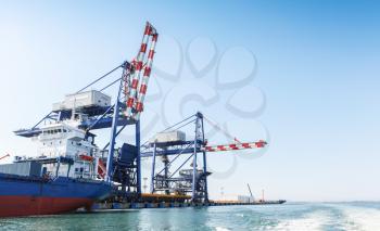 Gantry cranes for bulk carriers loading. Port of Burgas, Black Sea, Bulgaria
