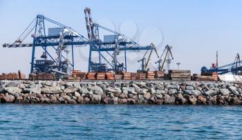 Blue gantry cranes in Port of Burgas, Black Sea coast, Bulgaria