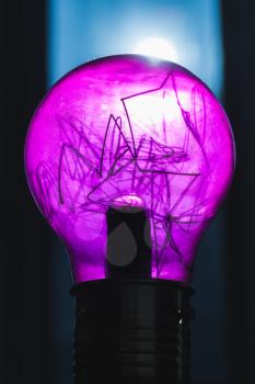 Decorative purple tungsten lamp, close-up vertical photo with selective focus and shallow DOF
