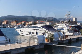 Pleasure yachts moored in marina of Ajaccio. Corsica, French island in the Mediterranean Sea