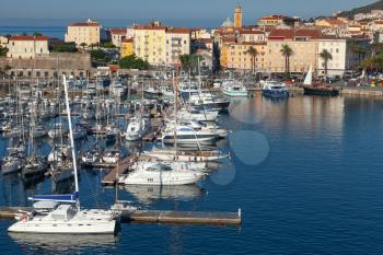 Ajaccio port. Coastal cityscape with yachts and pleasure boats, Corsica island, France