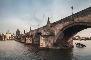 Charles Bridge over Vltava river. Prague old town, Czech Republic. Vintage stylized photo with tonal filter effect