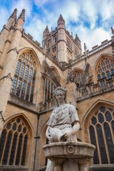 Ancient fountain statue near the Abbey Church of St.Peter and St.Paul, commonly known as Bath Abbey. Anglican parish church and former Benedictine monastery in Bath, Somerset, UK